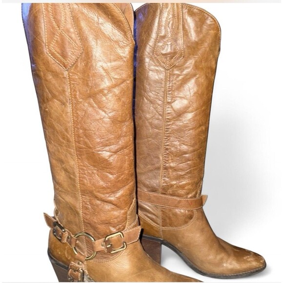 Vintage Cowboy Boots Distressed Brown Leather Buckles Knee High Heel Woman's  10 - Picture 3 of 8